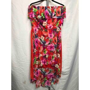 Express Red Floral Strapless High Low Maxi Dress Belted Size L